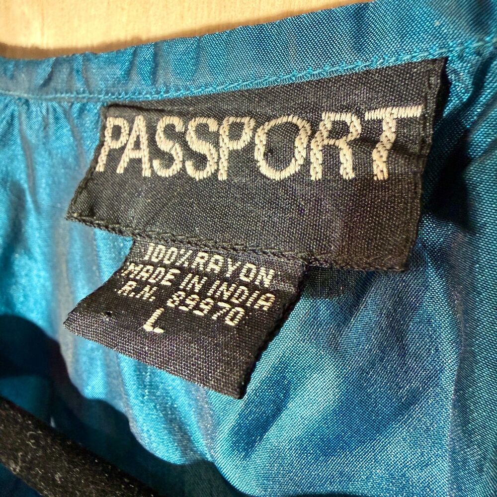 Vintage 90s PASSPORT Embroidered Top Blue Boho Metallic Rayon India Large - Picture 3 of 9